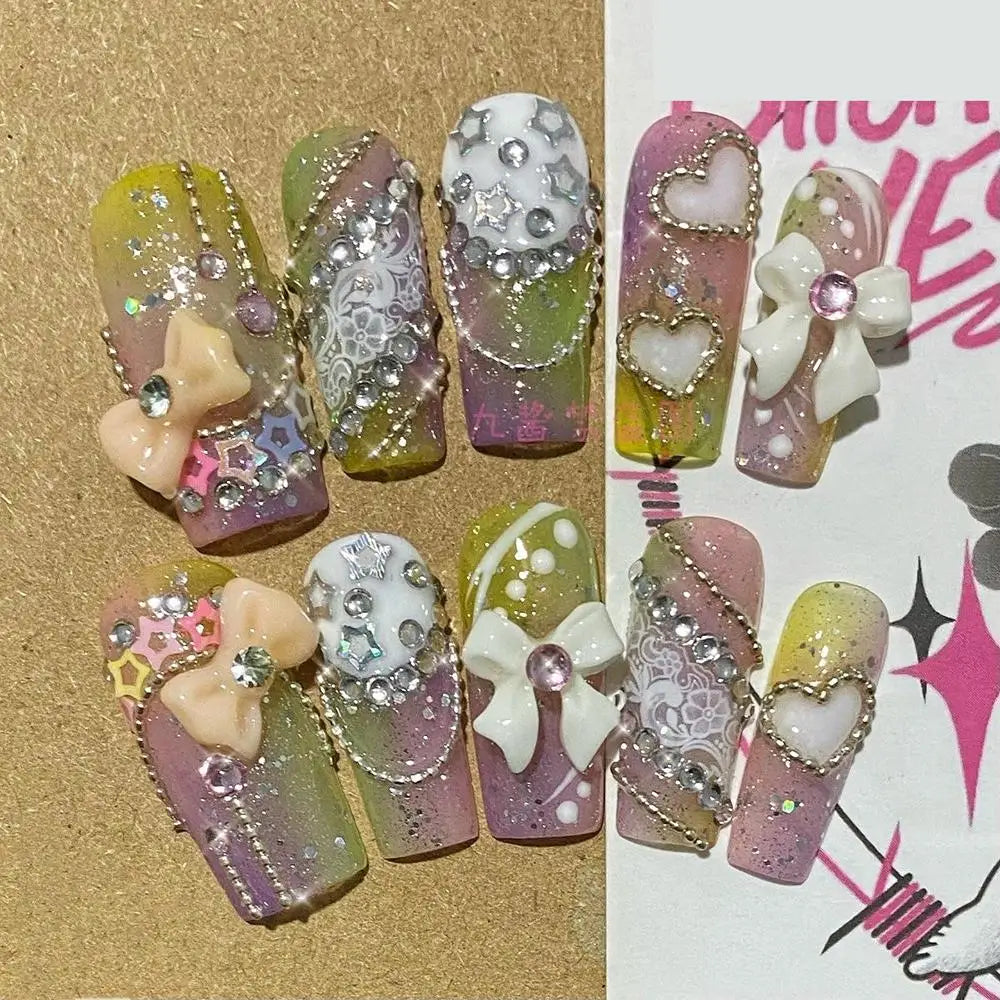 10Pcs Handmade Diy Cartoon Nail Art Hello Kitty Y2K 3D Flower Star Conch Shape Press On Nail Full Coverage Design Girls Gift