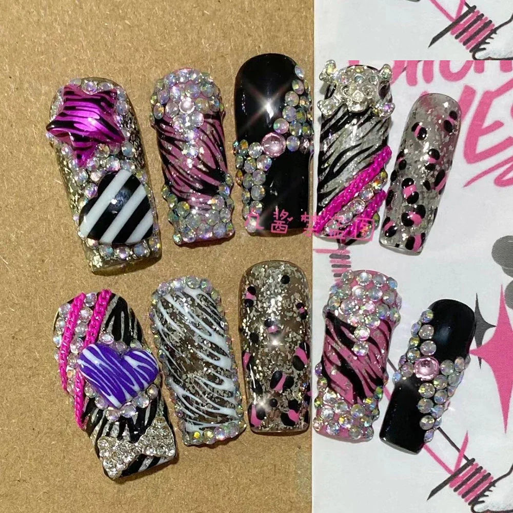 Sanrio Y2K Cartoon Long Square Crocodile Pattern Handmade Fake Nails Hello Kitty Five-Pointed Star Diamond Pearl Press On Nails
