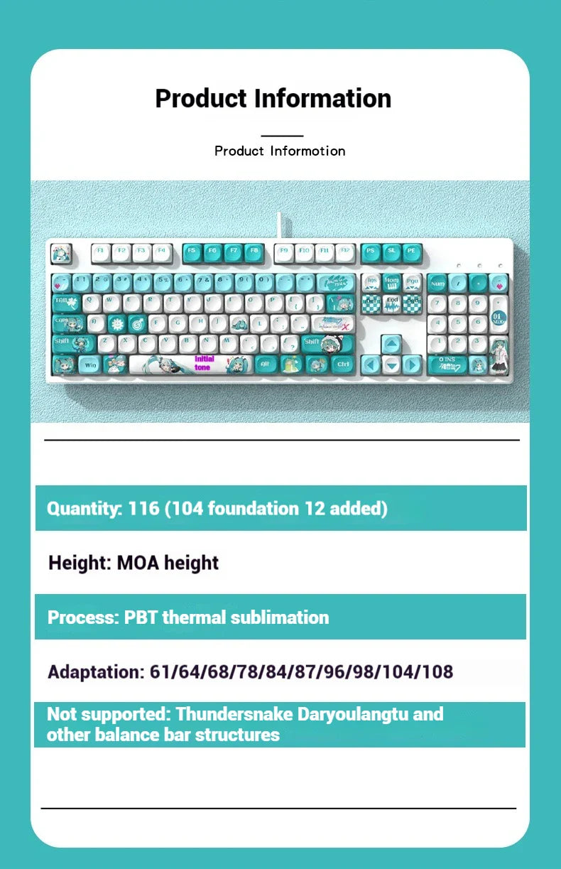 120key Miku Anime Theme Keycap MOA Hight PBT Heat Sublimation Personality Creative Customization Mechanical keyboard Keycap