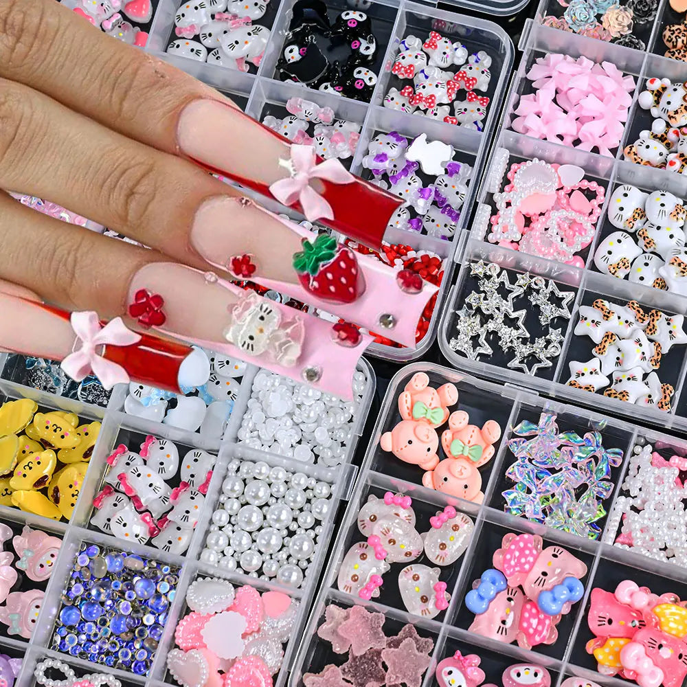 12Girds/Box Sanrioed Hello Kitty Nail Art Rhinestone Kawaii Kuromi Nail Charms Kit DIY Jewelry Decoration Manicure DIY Nail Part