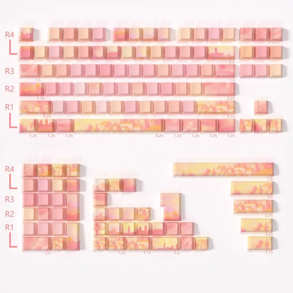 PIIFOX PBT OEM Profile Keycaps Thermal Sublimation 130 Keys Pink Thing Oil Painting Theme Transparent Translucent Side Engraving