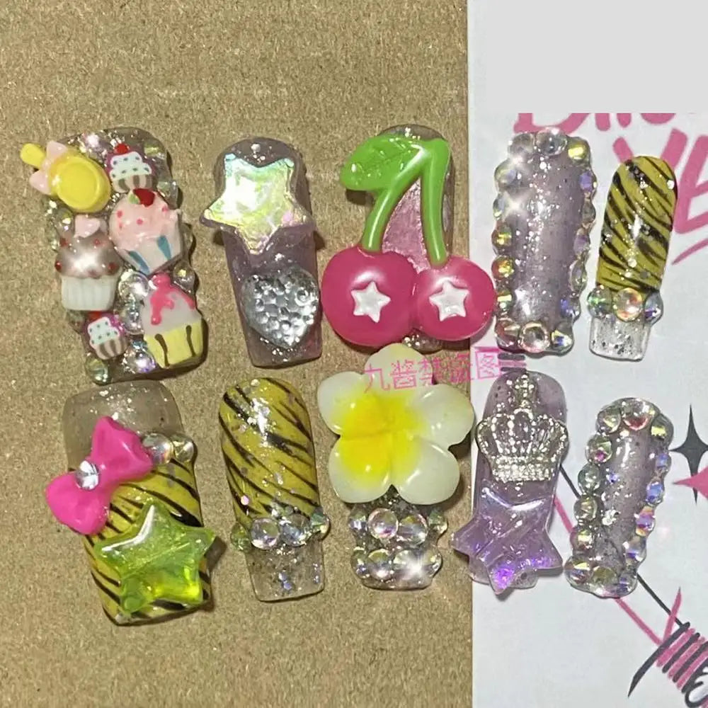 10Pcs Handmade Diy Cartoon Nail Art Hello Kitty Y2K 3D Flower Star Conch Shape Press On Nail Full Coverage Design Girls Gift
