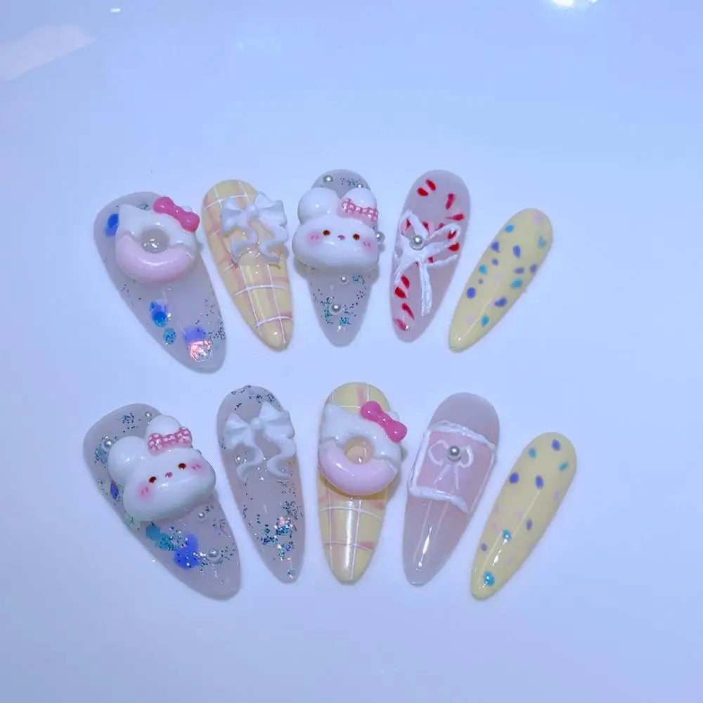10Pcs Cute 3D Hello Kitty Kuromi Cartoon Handmade Nail Art Fashion Bow Luxury Diamond Detachable Full Cover Nails Holiday Gift