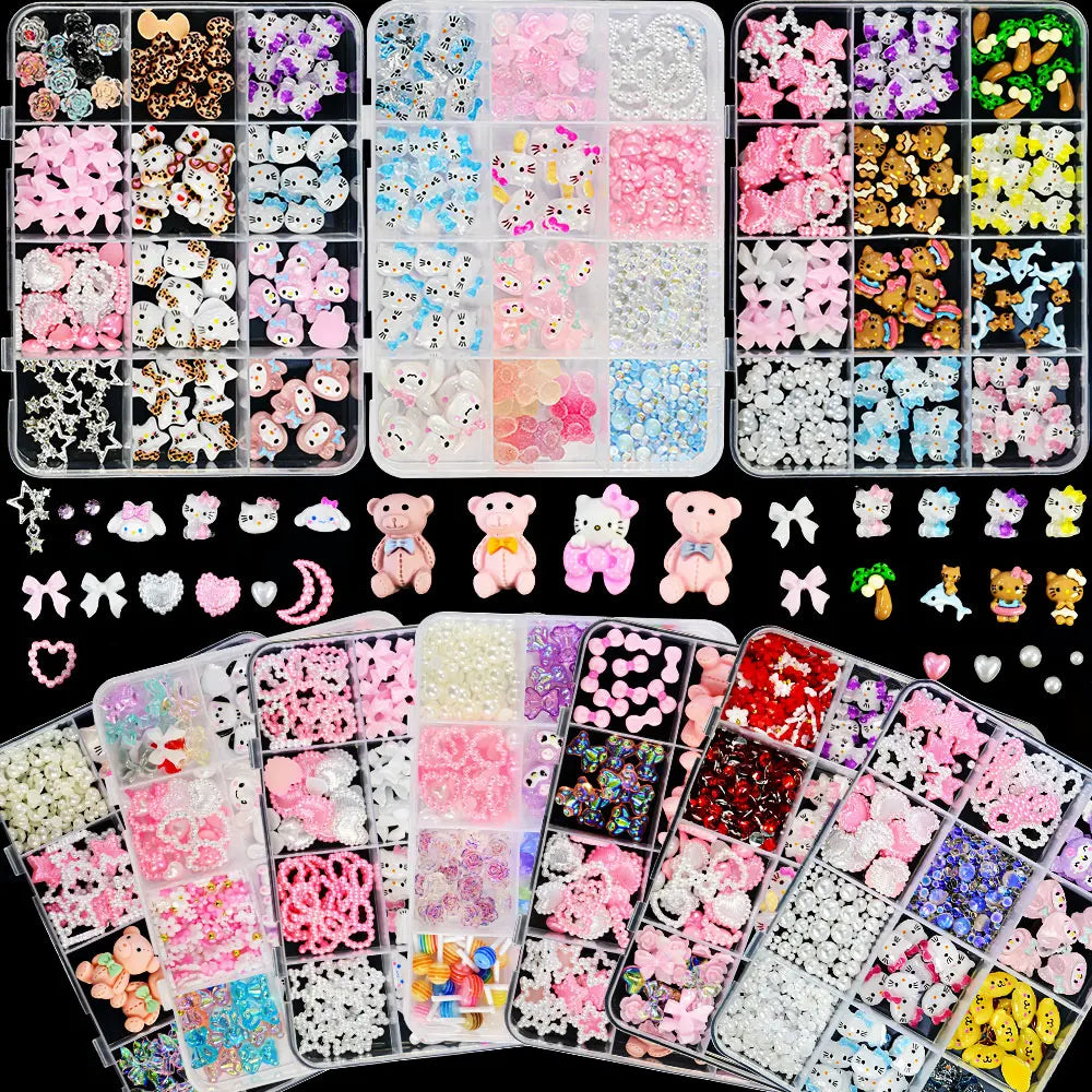 12Girds/Box Sanrioed Hello Kitty Nail Art Rhinestone Kawaii Kuromi Nail Charms Kit DIY Jewelry Decoration Manicure DIY Nail Part