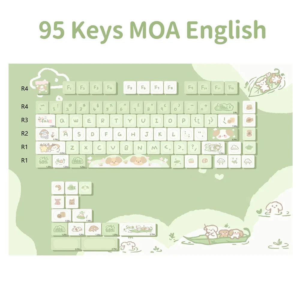 95Keys Matcha Puppy Keycaps MOA Profile PBT Key Caps Kit keyboard kit for 61/64/68/84/75/87Keys GMK67 Mechanical Keyboard Caps