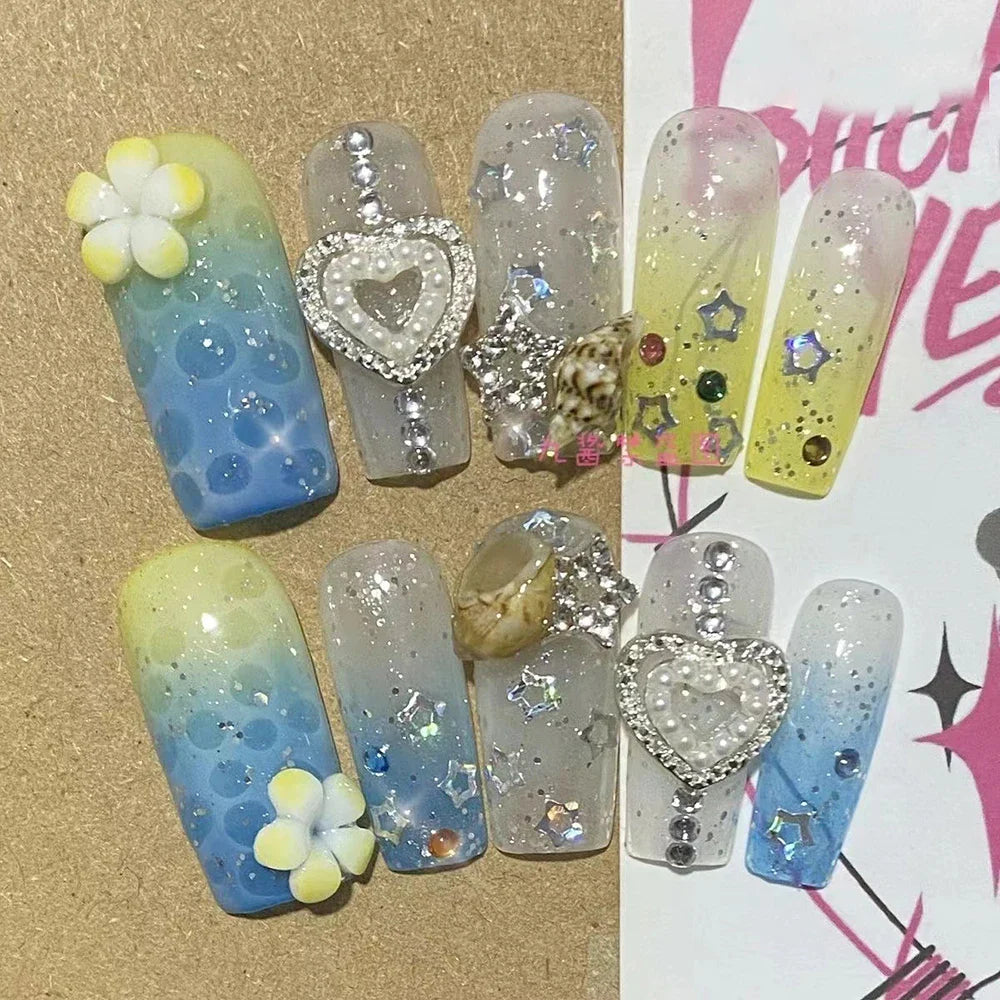 10Pcs Handmade Diy Cartoon Nail Art Hello Kitty Y2K 3D Flower Star Conch Shape Press On Nail Full Coverage Design Girls Gift