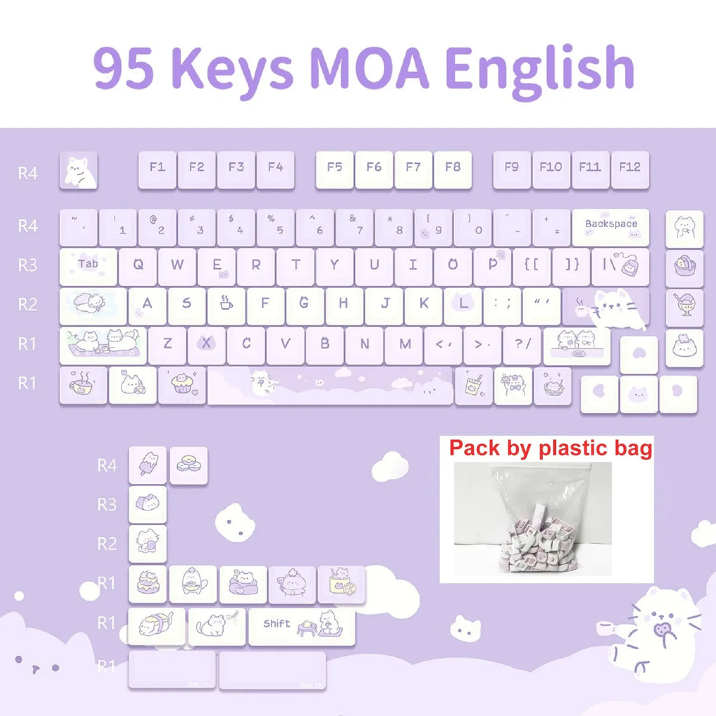 132 Keys Dye Sublimation PBT Keycaps Purple Cute Cat Themed MOT Profile Keycap for Gateron MOA MX Switches Mechanical Keyboard