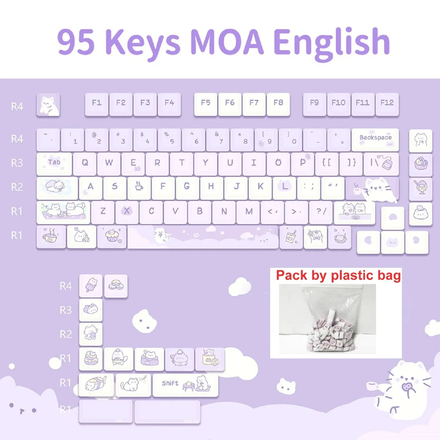 132 Keys Dye Sublimation PBT Keycaps Purple Cute Cat Themed MOT Profile Keycap for Gateron MOA MX Switches Mechanical Keyboard