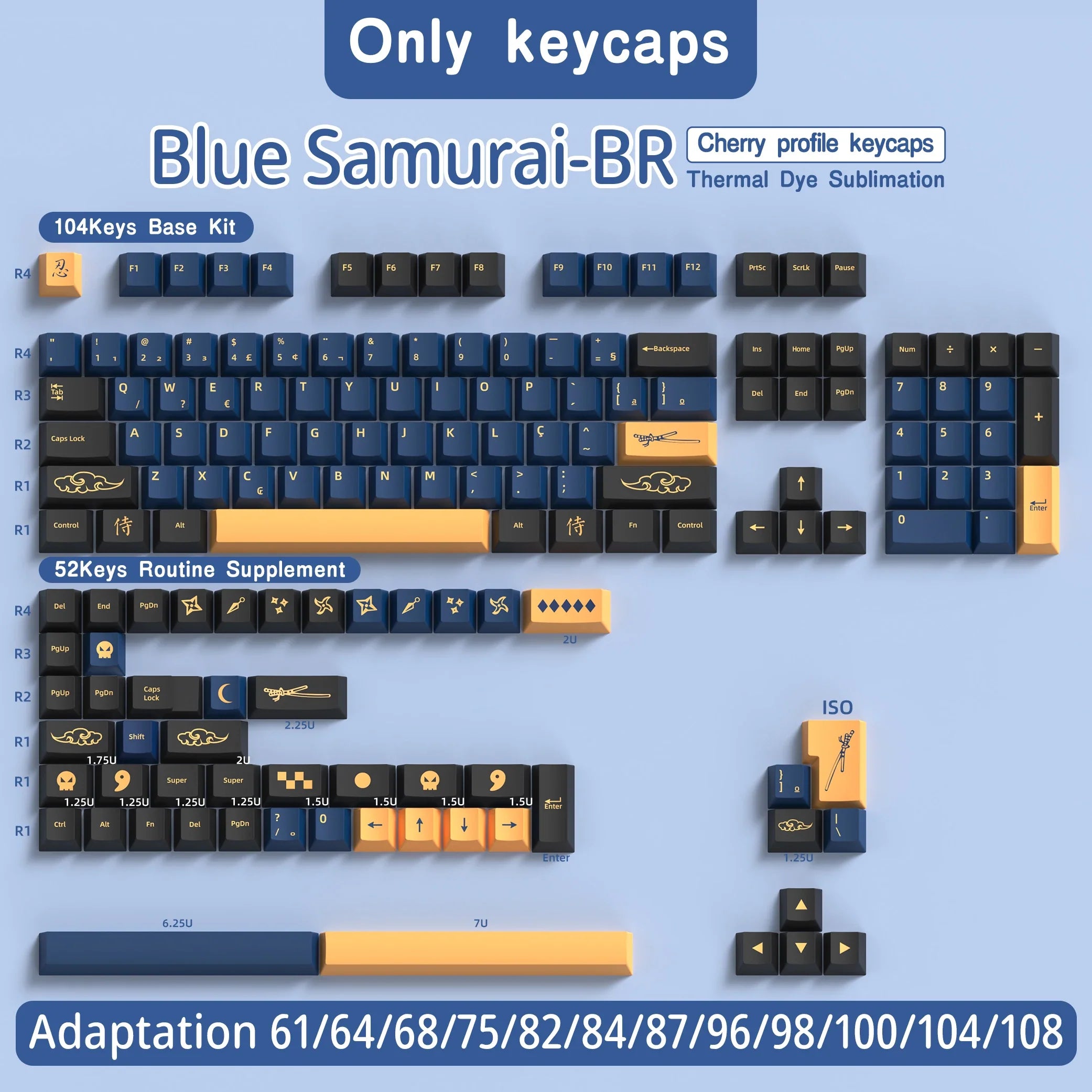 Blue Samurai Keycaps Japanese/Korean/Russian/German/Spanish/French PBT Keycap Cherry Profile for GMK Custom Mechanical Keyboard