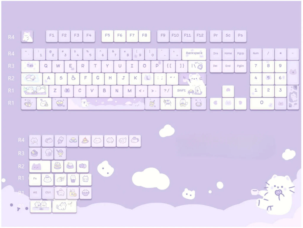 Cat Afternoon Tea Theme Purple Keycap 132 Keys MOA Height PBT Five-sided Sublimation Cute Keycaps for Mechanical Keyboard