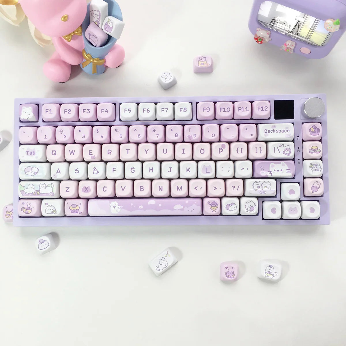 132 Keys Dye Sublimation PBT Keycaps Purple Cute Cat Themed MOT Profile Keycap for Gateron MOA MX Switches Mechanical Keyboard