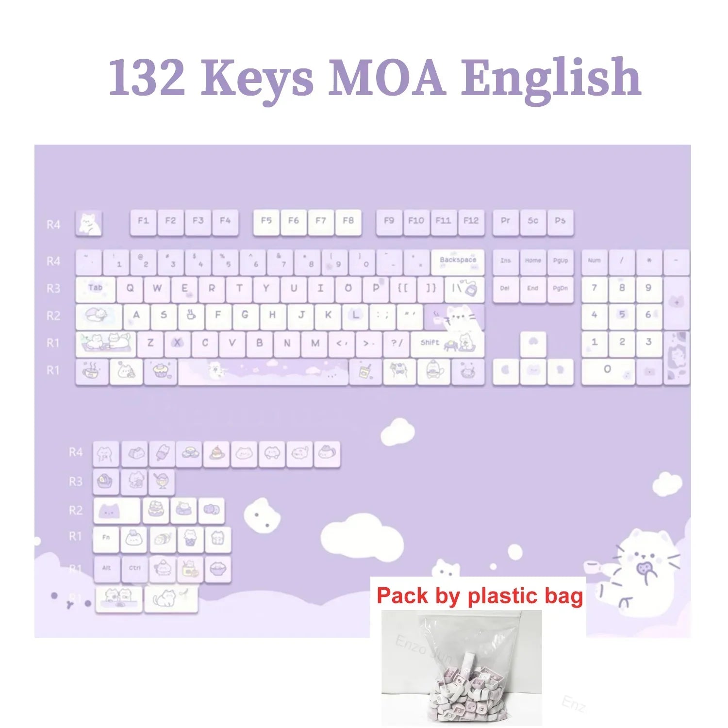 132 Keys Dye Sublimation PBT Keycaps Purple Cute Cat Themed MOT Profile Keycap for Gateron MOA MX Switches Mechanical Keyboard