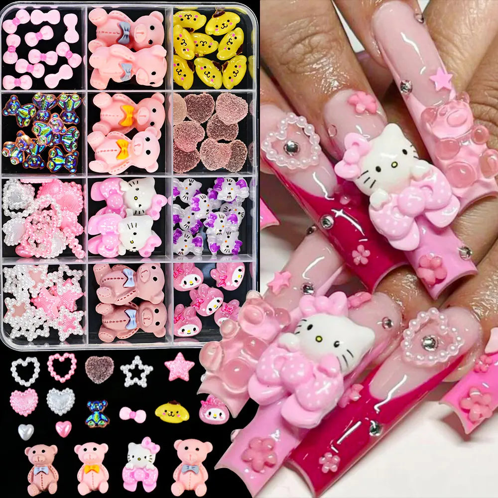 12Girds/Box Sanrioed Hello Kitty Nail Art Rhinestone Kawaii Kuromi Nail Charms Kit DIY Jewelry Decoration Manicure DIY Nail Part