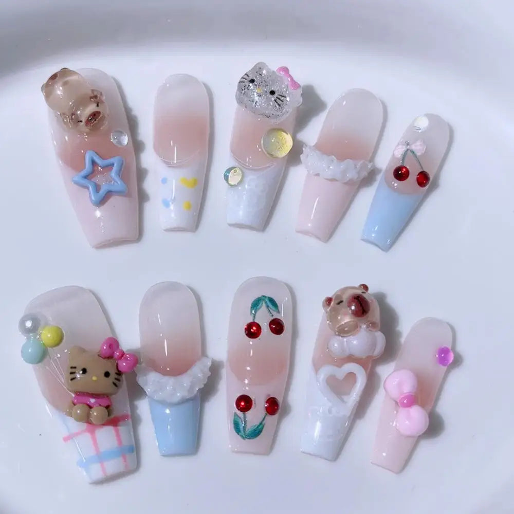 10Pcs Cute 3D Hello Kitty Kuromi Cartoon Handmade Nail Art Fashion Bow Luxury Diamond Detachable Full Cover Nails Holiday Gift