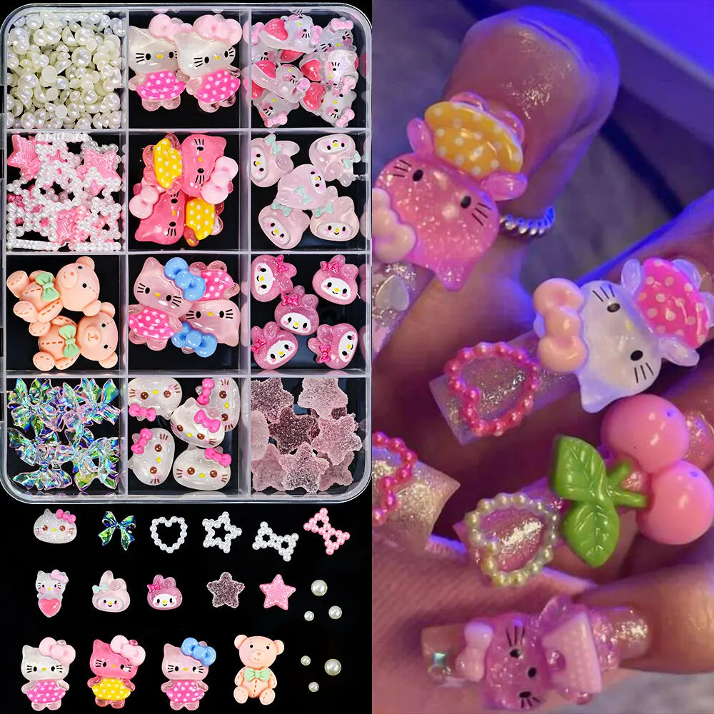 12Girds/Box Sanrioed Hello Kitty Nail Art Rhinestone Kawaii Kuromi Nail Charms Kit DIY Jewelry Decoration Manicure DIY Nail Part