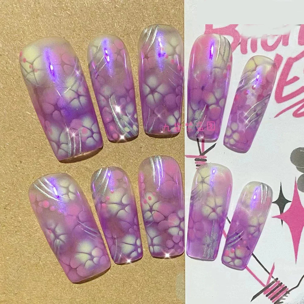 10Pcs Handmade Diy Cartoon Nail Art Hello Kitty Y2K 3D Flower Star Conch Shape Press On Nail Full Coverage Design Girls Gift