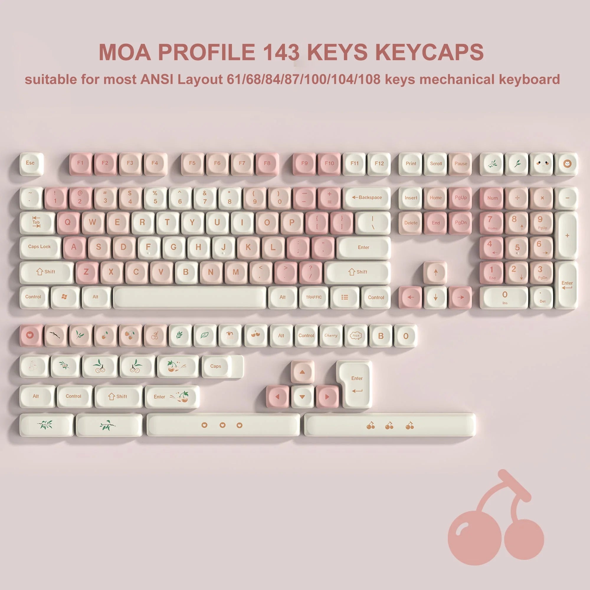 143 Keys Pink Cherry MOA Profile PBT Keycaps Dye Sub Customs  Key caps for 61/87/104 Cherry MX Switch Gaming Mechanical Keyboard