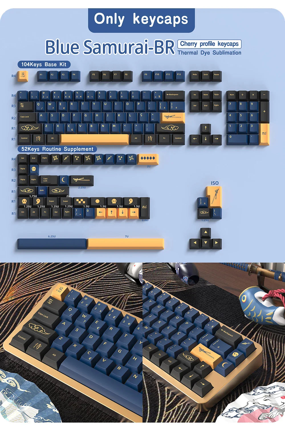 Abnt2 Keycaps Cherry Profile PBT Dye-Sub BR Keycaps Monster Red Samurai Blue Samurai For Mechanical Keyboard 7U Space bar