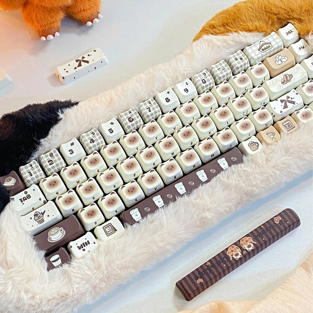Siamese Cat Cafe Keycap Cherry MAO Profile Cute Cat Head PBT Keycaps Original White Brown Personalized Mechanical Keyboard Caps
