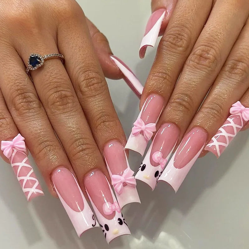 24pcs Light Pink Bowknots Press On Nails Y2k French Style Long Coffin False Nails With Cute Cartoon Metal Star Press On Nail