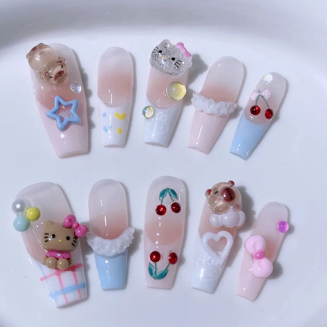 10Pcs Cute 3D Hello Kitty Kuromi Cartoon Handmade Nail Art Fashion Bow Luxury Diamond Detachable Full Cover Nails Holiday Gift