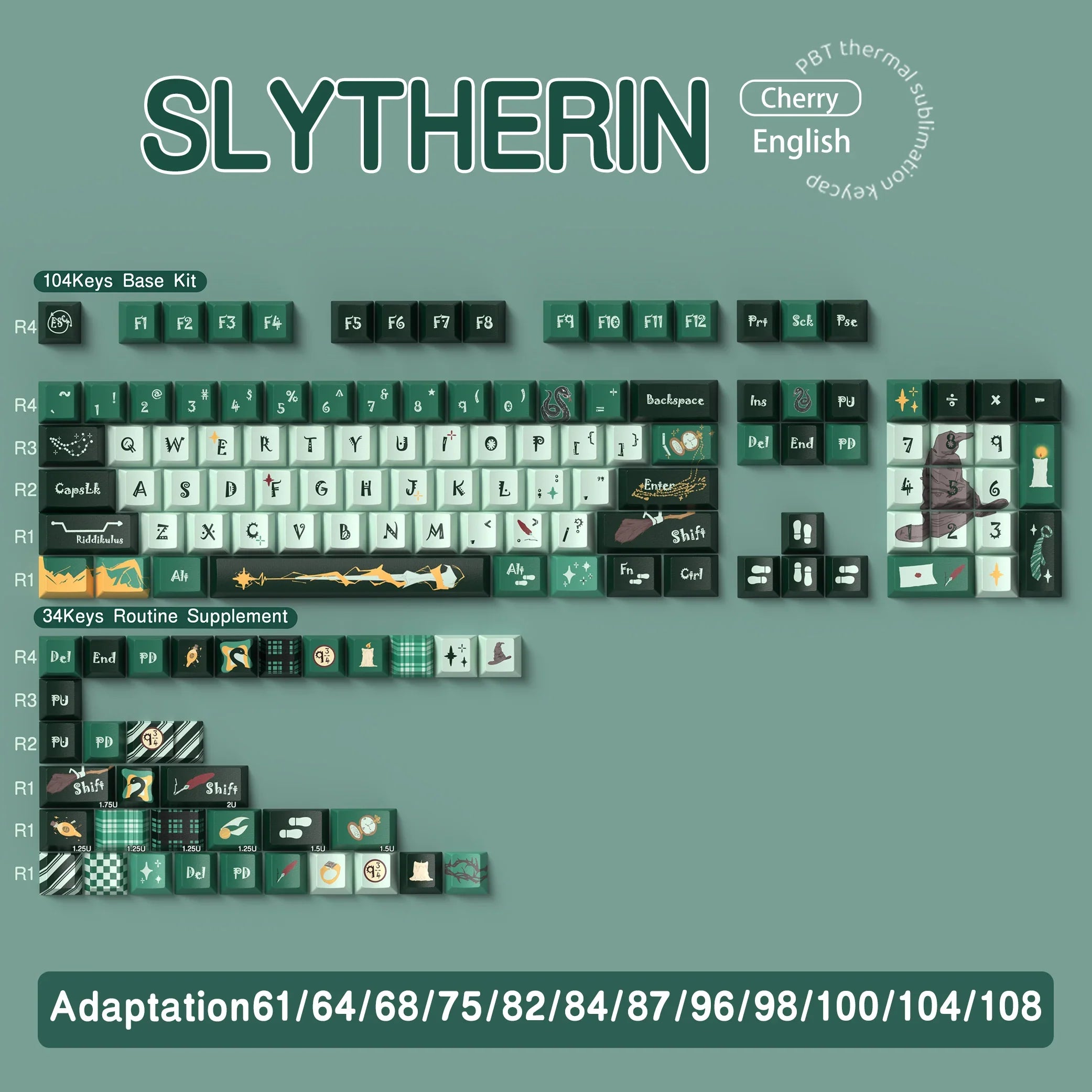 SLYTHERIN Theme Keycaps Cherry/MDA Profile Personalized Cartoon Keycap For Mechanical Keyboard with 7U and ISO key cap