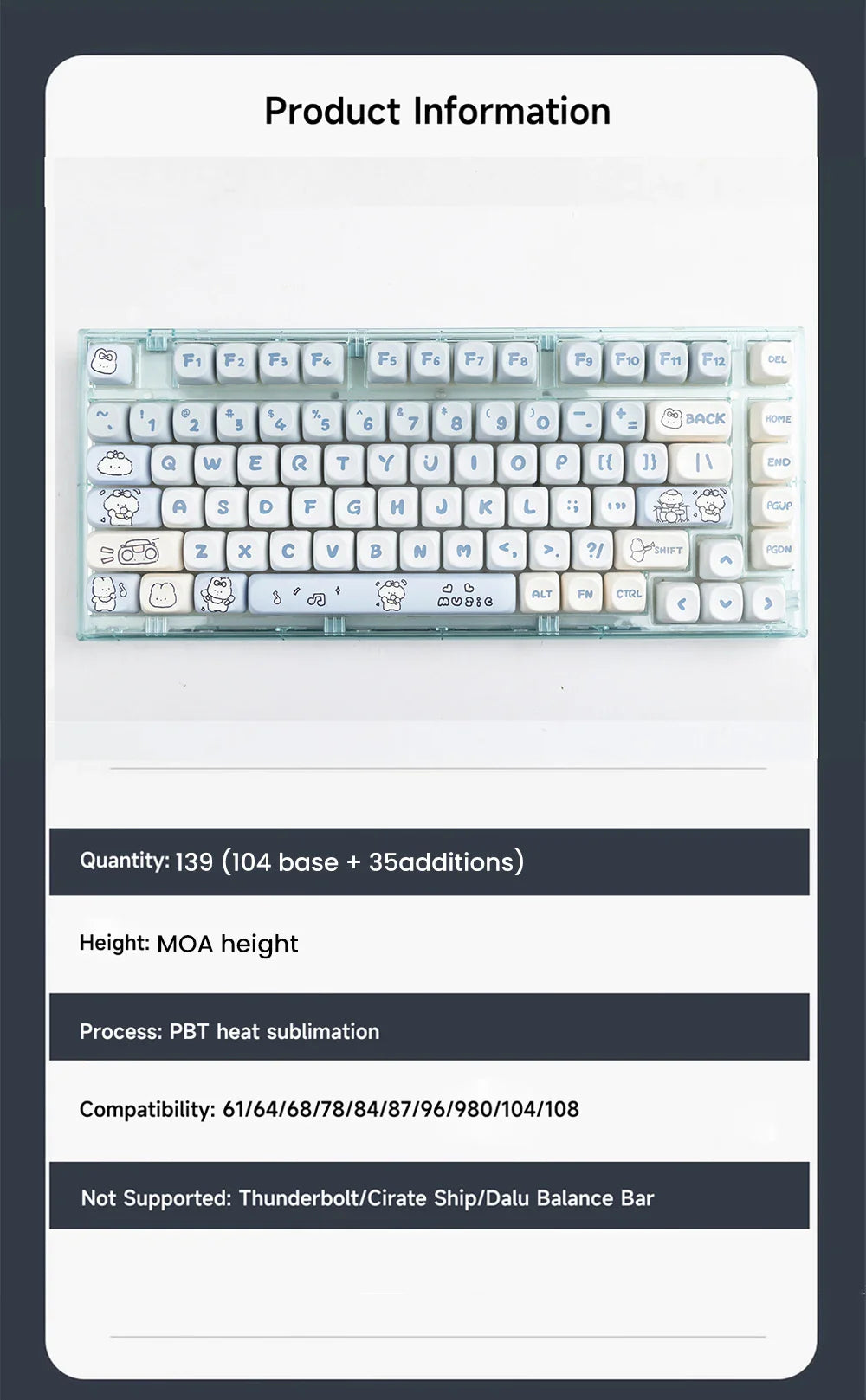 139 Keys MOA Profile Puppy Band Sugar Rabbit Theme Keycaps PBT Thermal Sublimation Customized Key Caps for Mechanical Keyboard