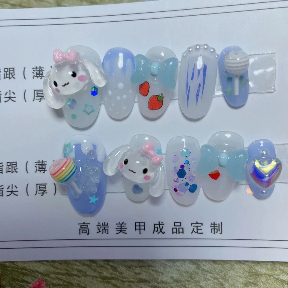 10Pcs Cute 3D Hello Kitty Kuromi Cartoon Handmade Nail Art Fashion Bow Luxury Diamond Detachable Full Cover Nails Holiday Gift