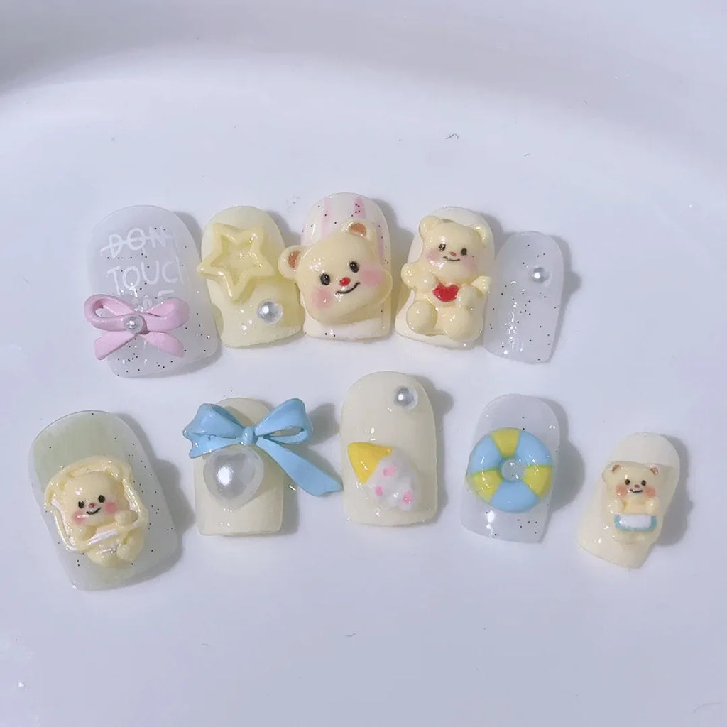 10Pcs Cute 3D Hello Kitty Kuromi Cartoon Handmade Nail Art Fashion Bow Luxury Diamond Detachable Full Cover Nails Holiday Gift