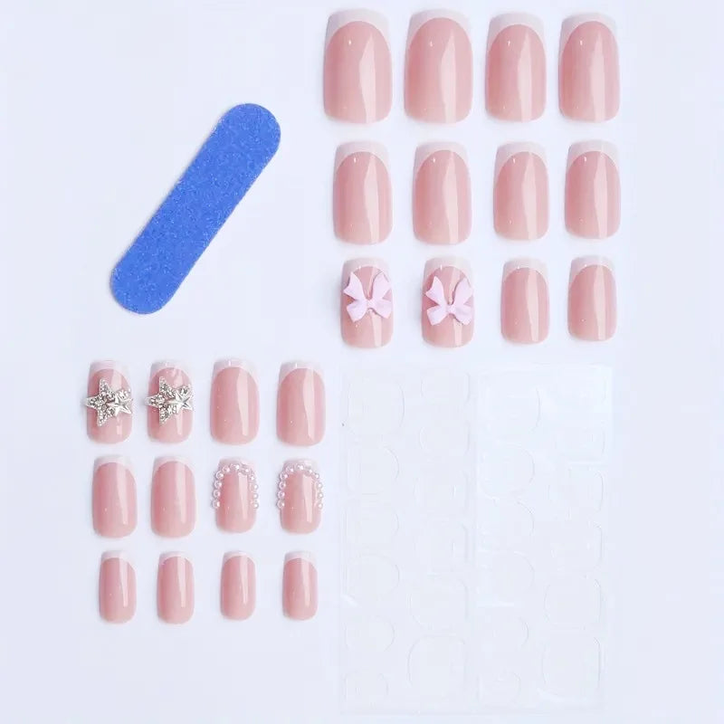 24pc Short Square Fake Nails with Kawaii 3D Pearl Bow Press on Hello Kitty False Nail French Tips Full Cover Acrylic Cute Nails