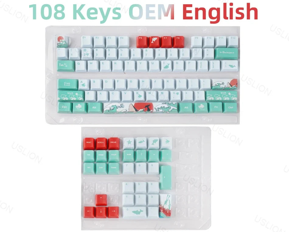 108 Keys OEM Profile Keycaps Coral Sea Theme PBT Five-side DYE Sublimation Key Caps for Gaming Mechanical Keyboard MX Switches