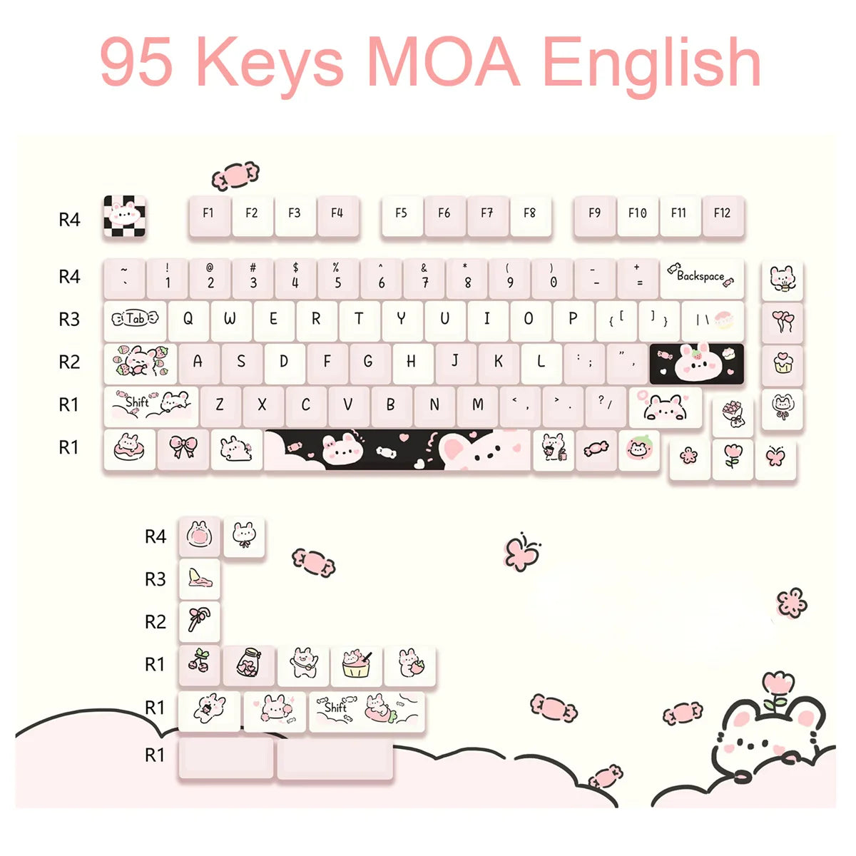 95Keys MOA Profile Cat Theme PBT Key Caps Pink Blue Puppy Cute  Keycaps for GK61 RK836 MX Switches Mechanical Keyboard